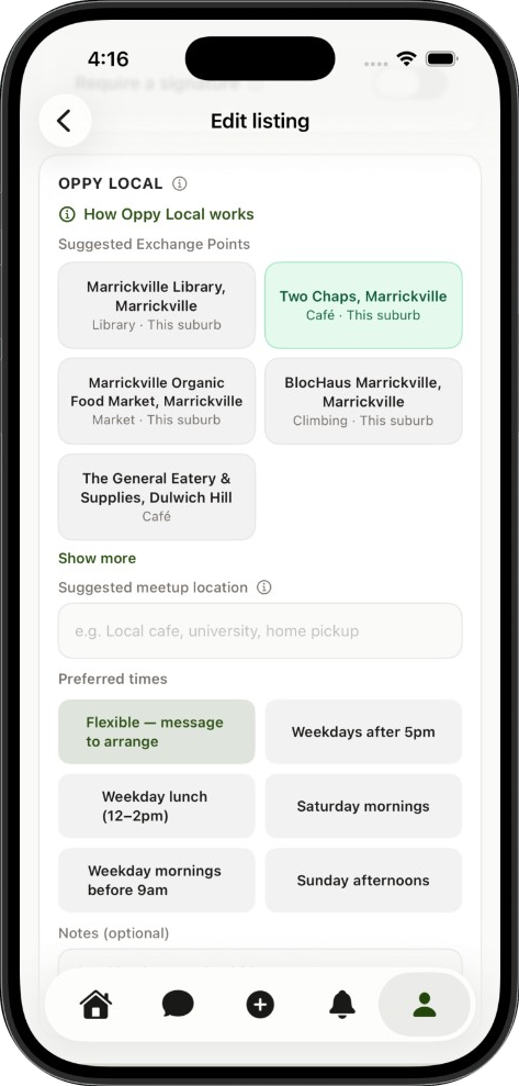 Oppy Local options while listing an item