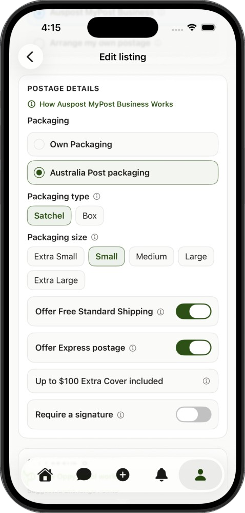 Postage options while listing an item