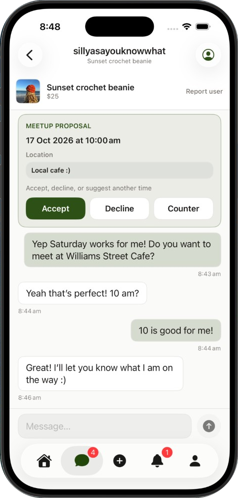 A meetup proposal and chat in messages on iPhone