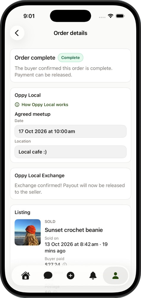 A completed Oppy Local exchange with payment ready to release on iPhone