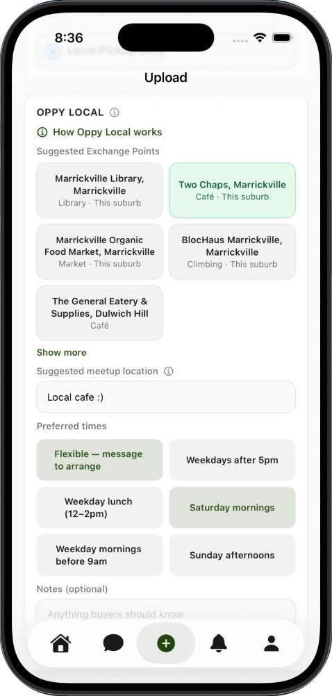 Oppy Local exchange points while uploading a listing