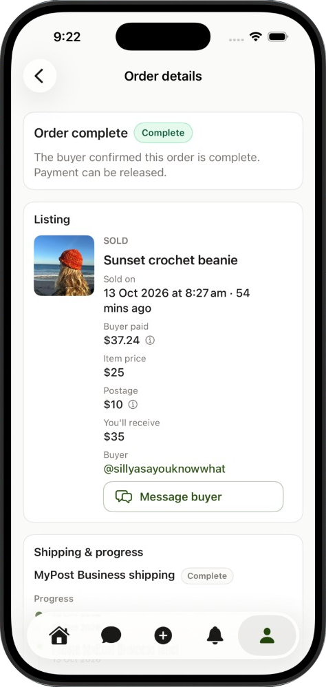 A completed MyPost Business order with payment ready to release on iPhone
