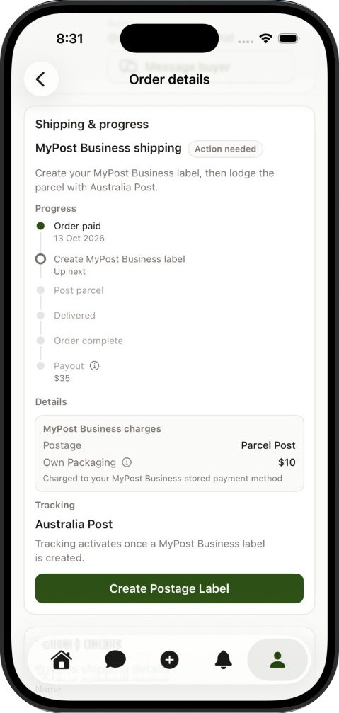 Creating a MyPost Business postage label from the order on iPhone