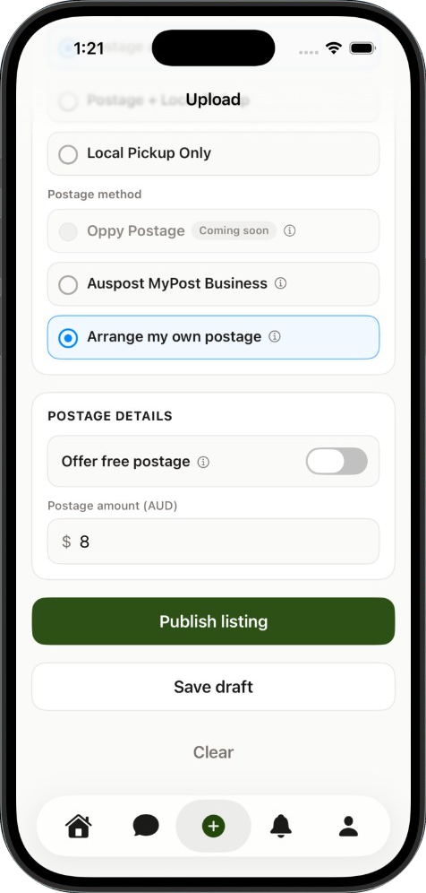 Arrange my own postage selected while uploading a listing on iPhone