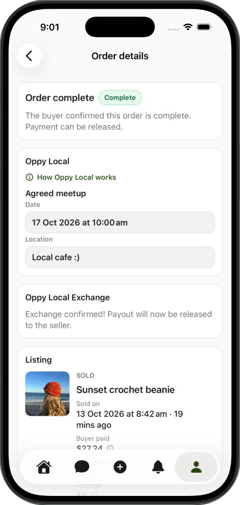A completed Oppy Local exchange ready for payout on iPhone