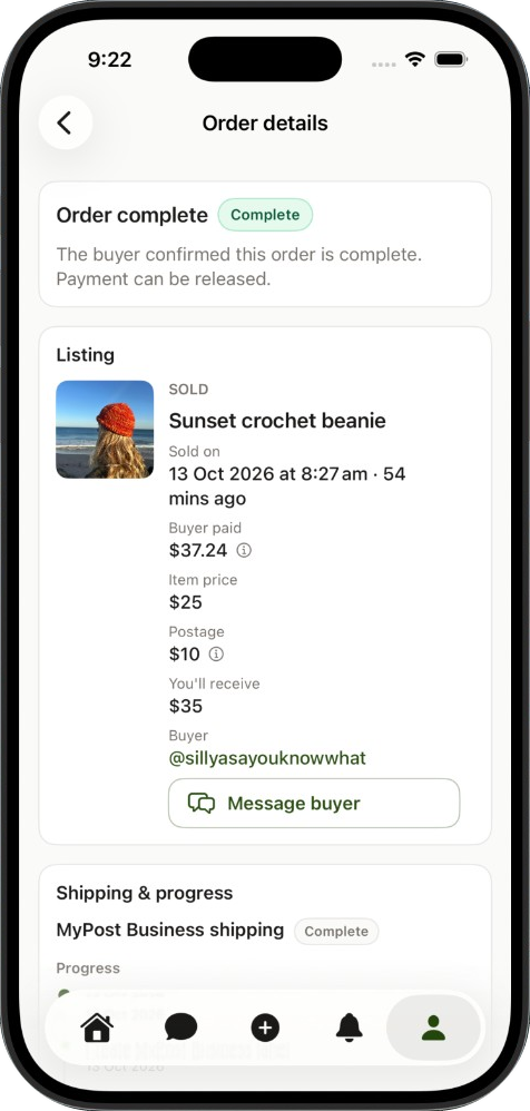 A completed postage order ready for payout on iPhone