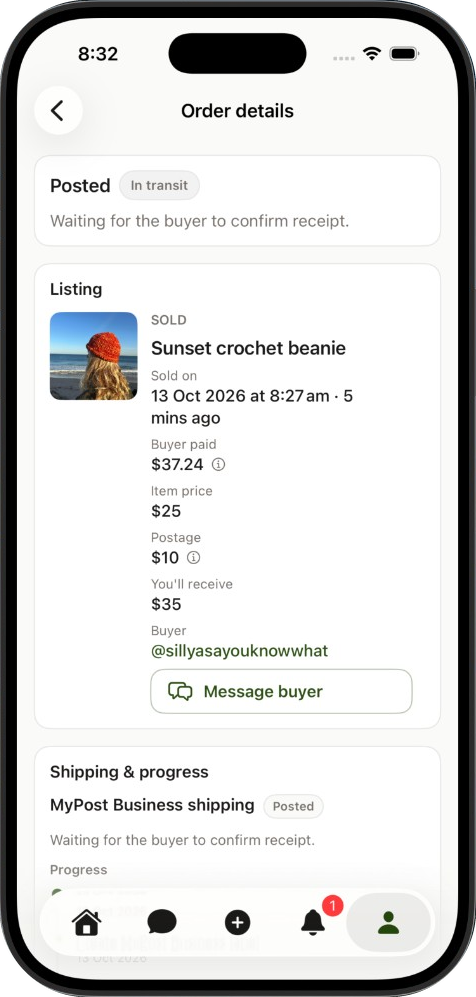 A posted MyPost Business order waiting for the buyer to confirm